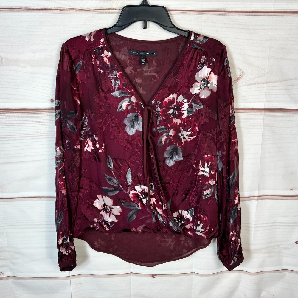 White House Black Market Top Womens Size 6 Burgundy Blouse Faux Wrap Floral